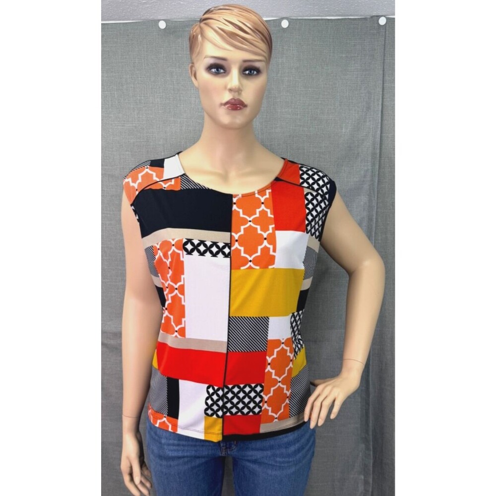 Worthington Women's Size 2X Sleeveless Patchwork Top Orange White Black Yellow